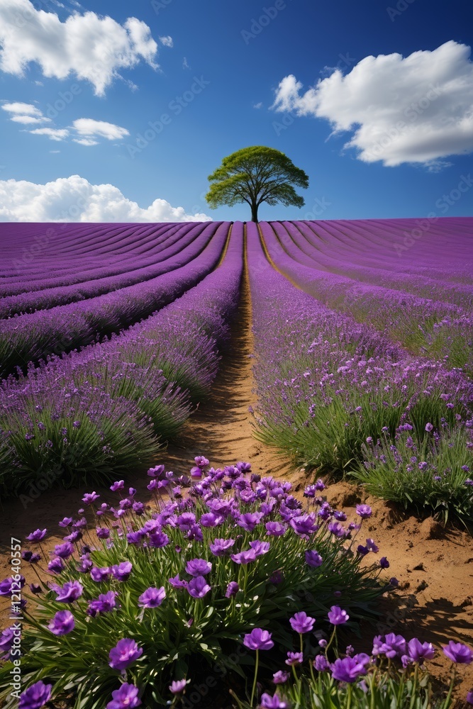 Naklejka premium lavender field with a lone tree and a path leading to it
