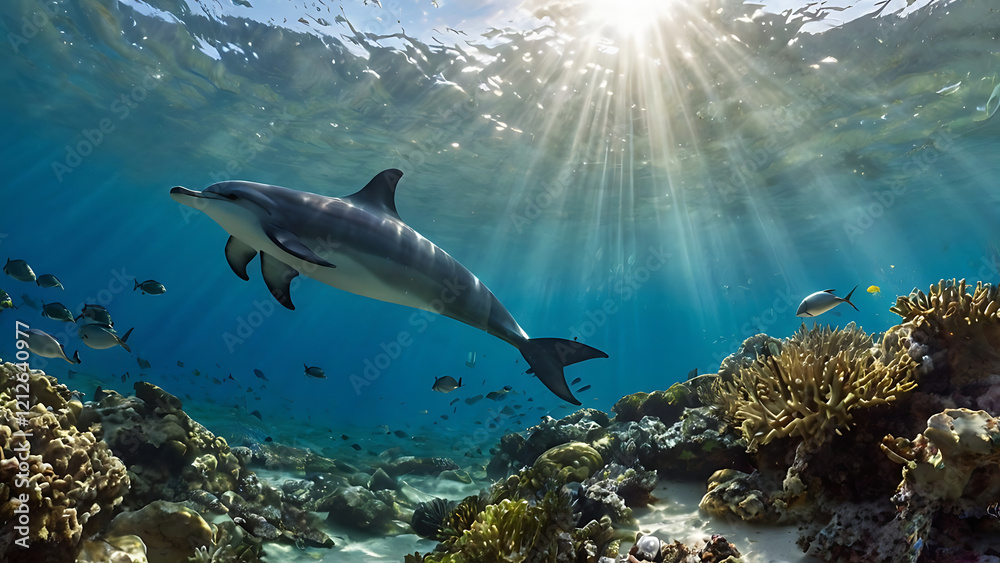 dolphins in the deep sea, colorful exotic fish such as clownfish, schools of small tropical creatures. Coral gardens, marine vegetation dolphins in the deep sea, colorful exotic fish such as clownfish, schools of small tropical creatures. Coral gardens, marine vegetation