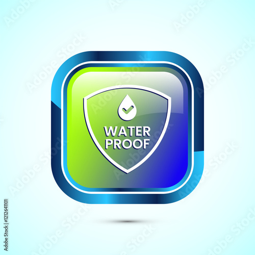 Waterproof icon design illustration, water resistant signs, liquid proof protection. Glossy square button design
