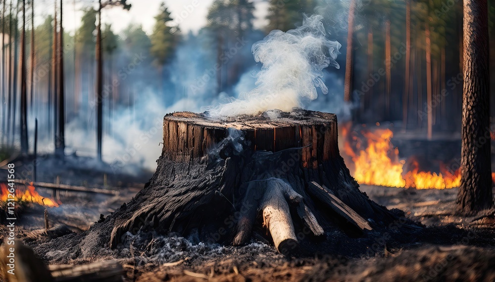 forest fire disaster. a burned tree stump with smoke coming out forest fire disaster. a burned tree stump with smoke coming out