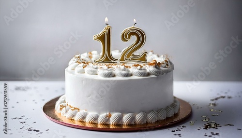 Decorated white cake for birthday or anniversary party, candle number 12, white background photo