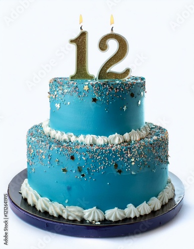 Decorated blue cake for birthday or anniversary party, candle number 12, white background photo