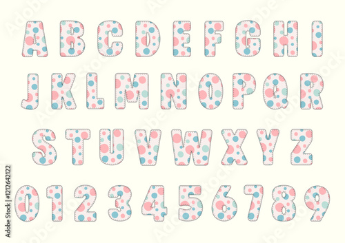 Set Alphabet Letters and Numbers with colorful polka dots, Font set, letter of alphabet set, Easter's Day theme, Typography typeface uppercase A to Z,  number 0 - 9, Vector illustration