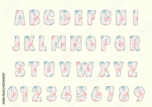 Set Alphabet Letters and Numbers with colorful floral pattern, Font set, letter of alphabet set, Spring's Day theme, Typography typeface uppercase A to Z,  number 0 - 9, Vector illustration