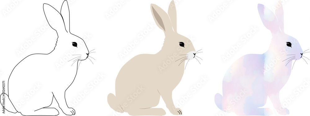 A vector illustration featuring a rabbit in three unique styles: clean outline, soft gradient shading, and artistic watercolor. Perfect for greeting cards, children’s books, nature-themed projects A vector illustration featuring a rabbit in three unique styles: clean outline, soft gradient shading, and artistic watercolor. Perfect for greeting cards, children’s books, nature-themed projects