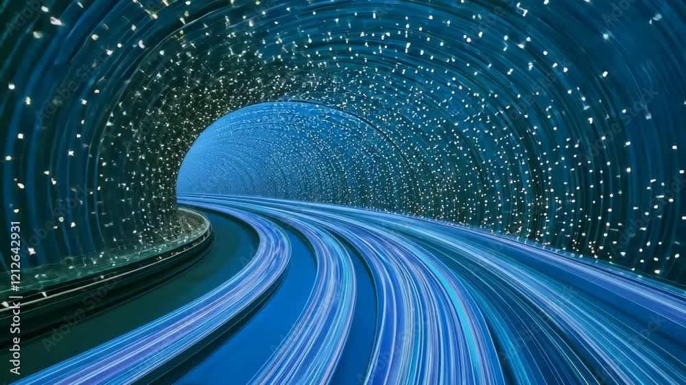 Futuristic tunnel with flowing light trails exemplifying speed and movement in a captivating visual display