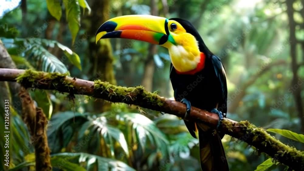 A toucan perched on a tree branch in a tropical forest. The background features lush green foliage and dense trees. A toucan perched on a tree branch in a tropical forest. The background features lush green foliage and dense trees.