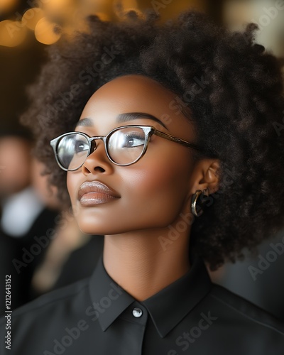 Portrait of a young Black woman with glasses looking up.