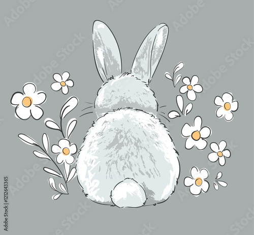Hand Drawn Cute Fluffy Rabbit Sitting Back with flowers Illustration Vector