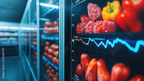 Electric Grid Renewable Energy Energy Storage concept. Holographic Display of Grocery Goods with Price Trends and Analytics