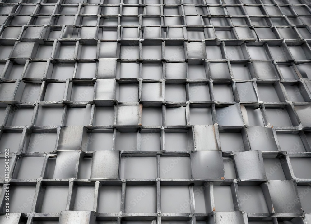 Fototapeta premium Wide open metal steel grid on a light gray background, metallic, architecture, design, steel, plate
