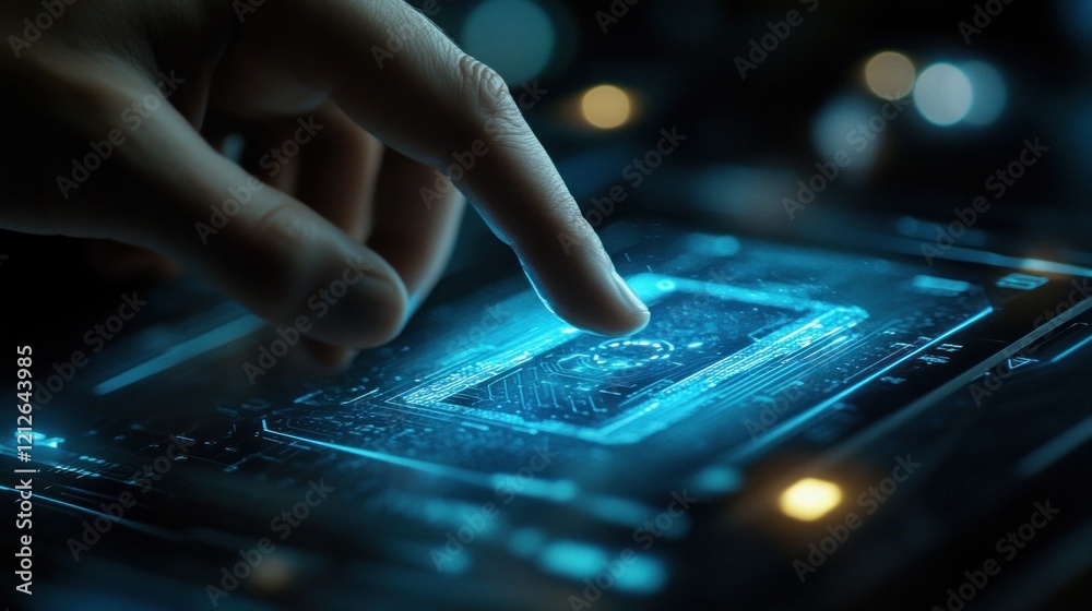 Finger Interacting With Futuristic Tablet Interface Finger Interacting With Futuristic Tablet Interface