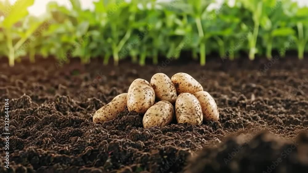 Freshly harvested potatoes on soil with green plant background in organic farm setting
