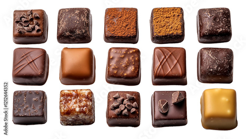 A row of chocolate squares with salt on top. The squares are of different sizes and are arranged in a way that they look like they are floating in the air photo