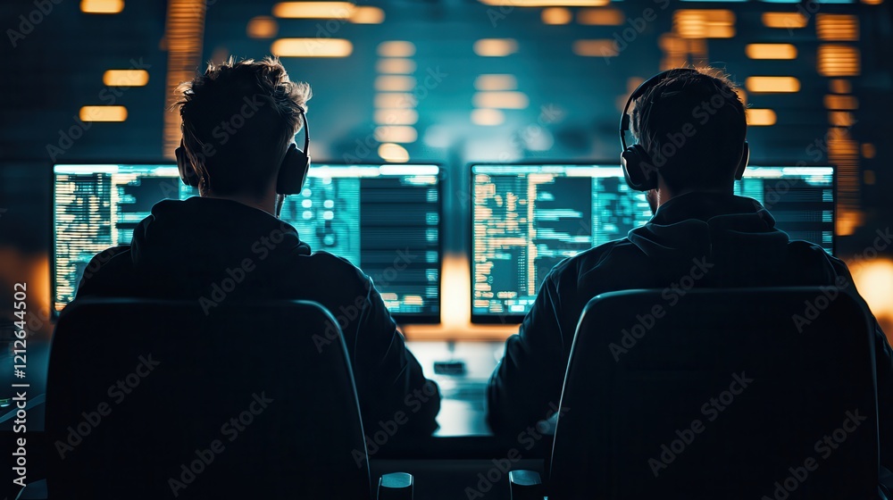 E-sport event live streaming . Two gamers focused on screens with programming data and headset on. E-sport event live streaming . Two gamers focused on screens with programming data and headset on.