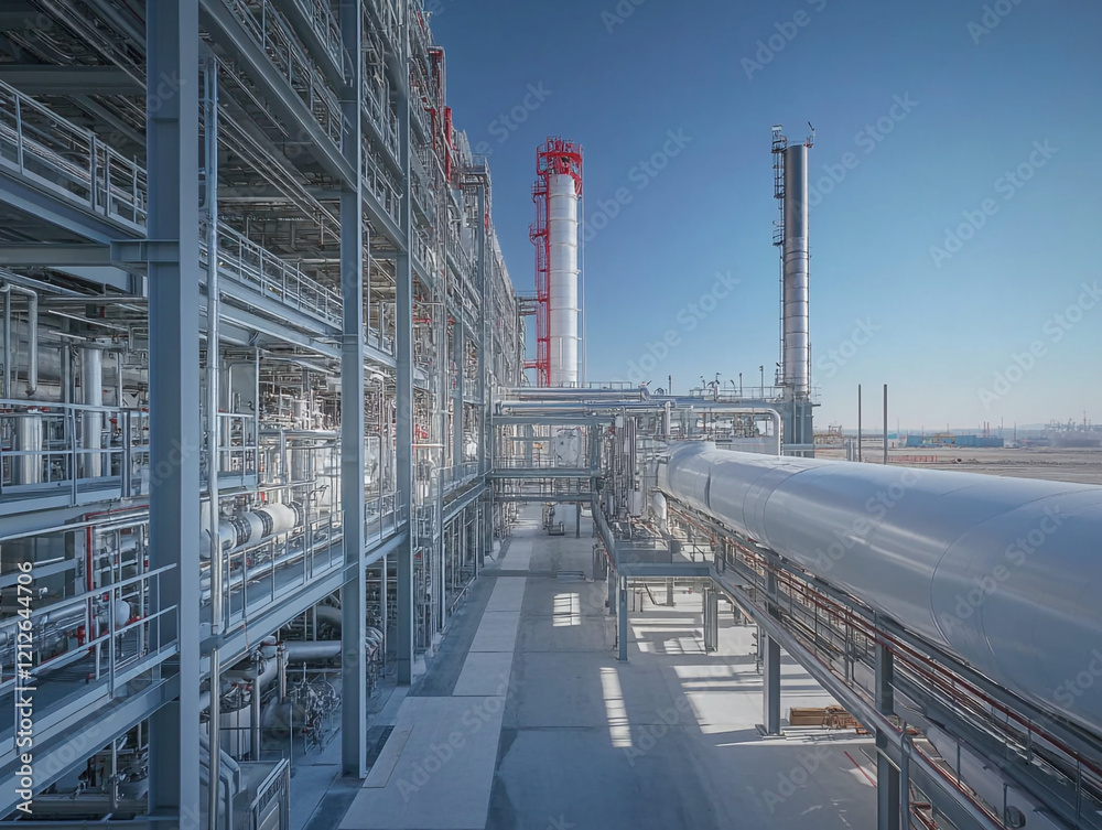 Φωτογραφία A large industrial refinery or chemical plant with extensive piping, storage tanks, and a tall chimney, under a clear blue sky