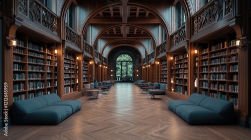 A serene library with wooden bookshelves  soft lighting  and cozy reading nooks.