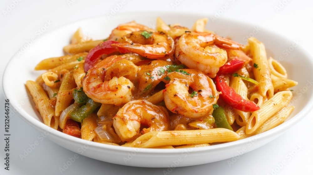 A plate of spicy Cajun shrimp pasta with penne, Cajun-spiced shrimp, bell peppers A plate of spicy Cajun shrimp pasta with penne, Cajun-spiced shrimp, bell peppers