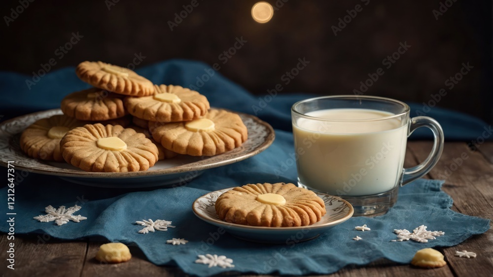 A cozy scene with cookies and milk on a blue cloth, perfect for a snack or dessert. A cozy scene with cookies and milk on a blue cloth, perfect for a snack or dessert.