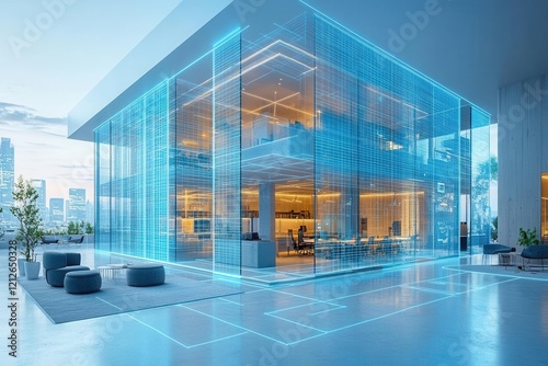 futuristic 3d architectural visualization showing holographic bim model floating in modern office, with digital wireframes, data overlays, and ambient blue lighting