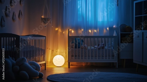 A nursery with a glowing nightlight and soft daylight creating a serene atmosphere photo