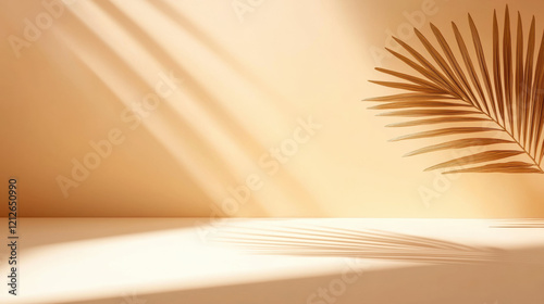 light beige background with subtle patterns and palm leaves casting shadows creates serene atmosphere