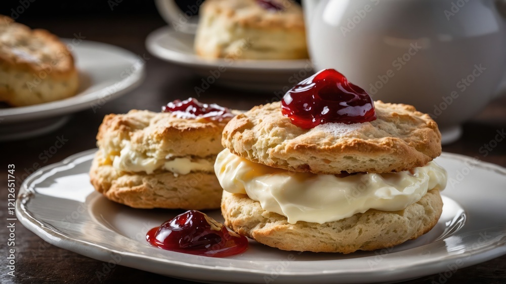 A plate of freshly baked scones topped with cream and jam, inviting for afternoon tea. A plate of freshly baked scones topped with cream and jam, inviting for afternoon tea.