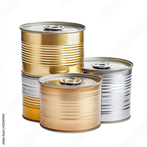 metal tin cans with blank labels isolated on white background full depth of feild. photo