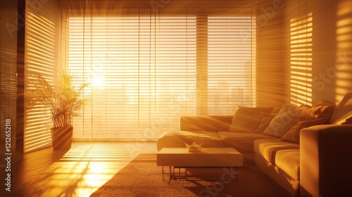 A minimalist living room with warm artificial lighting and sunlight streaming through blinds