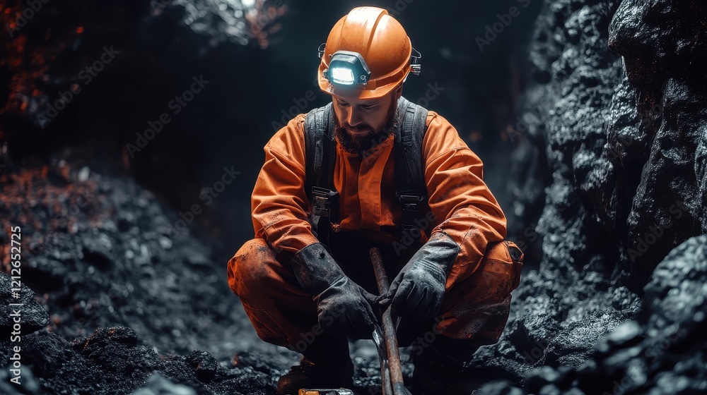 Fototapeta premium Coal Miner Rests During Underground Mining Operation