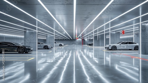 Futuristic Underground Parking Garage with Sleek Luxury Cars