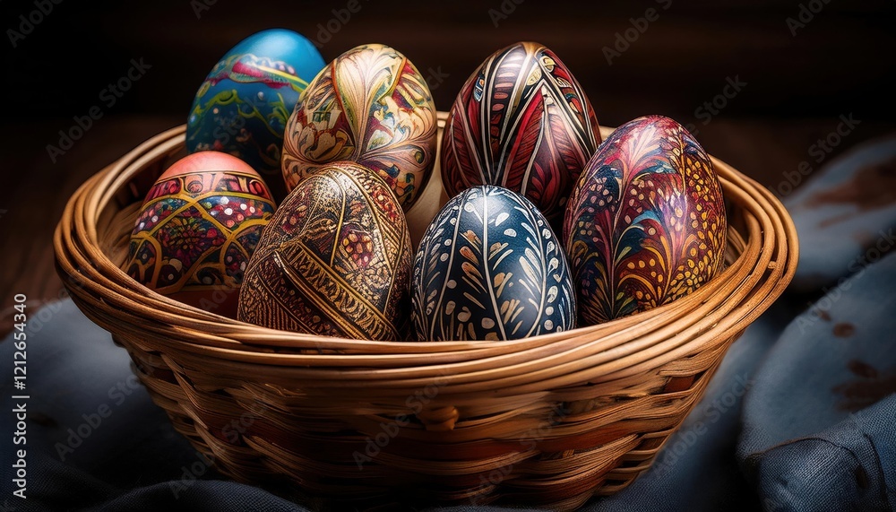 Spring brings vibrancy as beautifully decorated eggs rest in a rustic basket, symbolizing renewal. Spring brings vibrancy as beautifully decorated eggs rest in a rustic basket, symbolizing renewal.