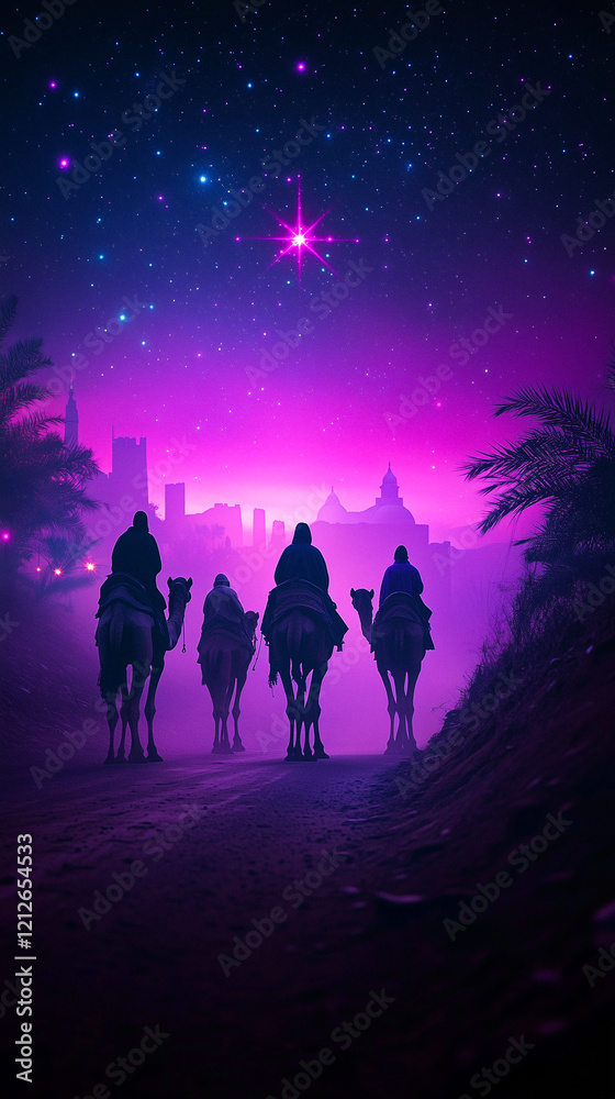 Three Wise Men Traveling by Camel at Night