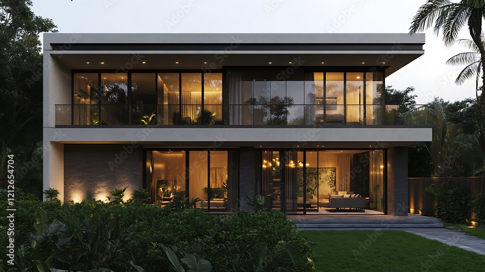 Obraz premium Glass Exterior Villa with Flat Roof and Lush Green Front Yard