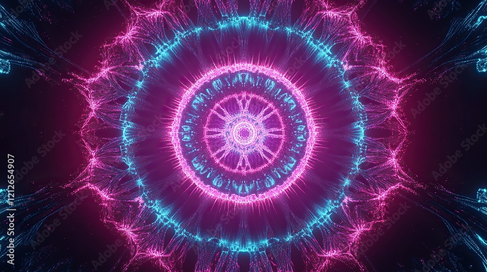 A rotating circular pattern composed of thousands of glowing fiber-like strands A rotating circular pattern composed of thousands of glowing fiber-like strands