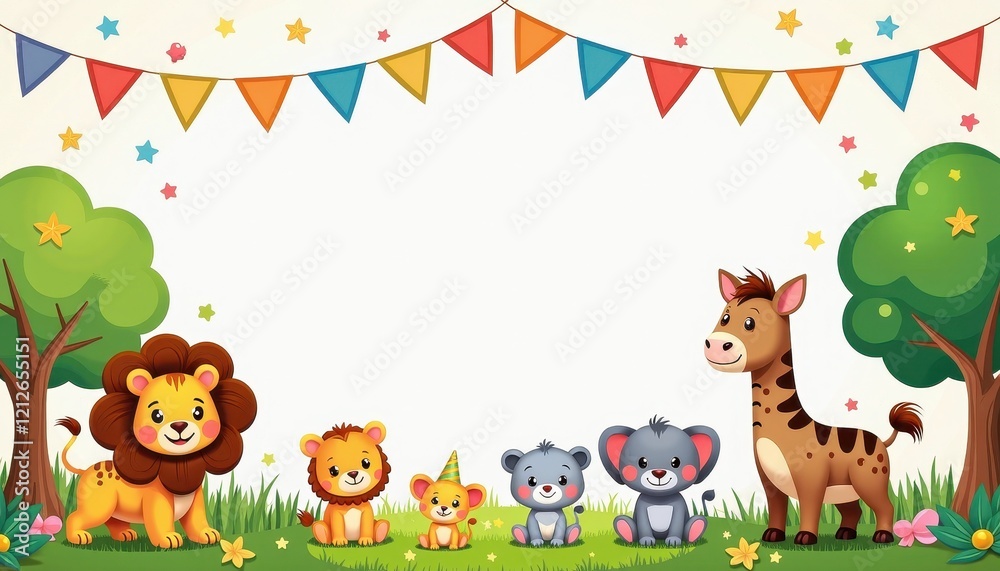 Naklejka premium Vibrant Lion, Giraffe, Elephant, and Zebra Scene in Lush Green Meadow with Trees, Flowers, and Flags Against a Cheerful Sky