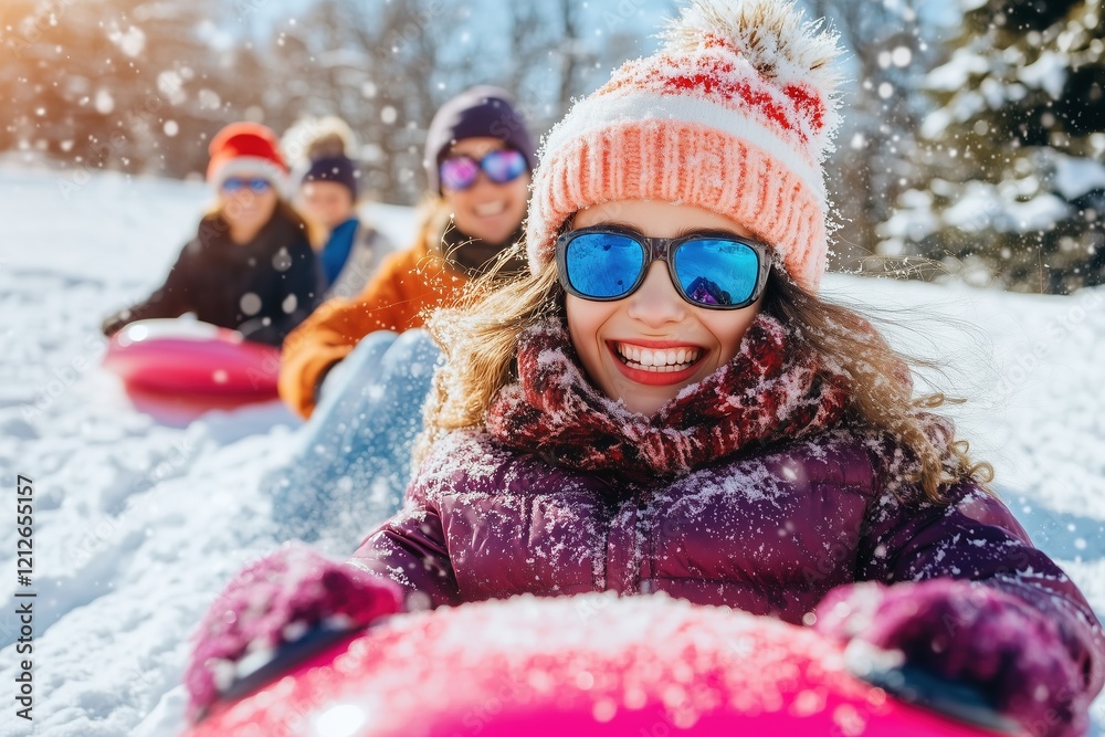 Friends enjoying a snowy day of sledding and laughter in a winter wonderland beneath a bright blue sky Friends enjoying a snowy day of sledding and laughter in a winter wonderland beneath a bright blue sky
