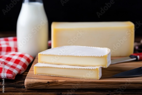 Freshly Cut Cheese Slices on Wooden Board photo