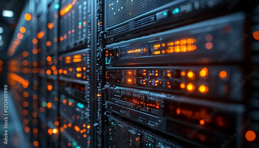 Naklejka premium rows of modern servers with glowing indicators and holographic interfaces for monitoring system health, Big Data Storage Facility