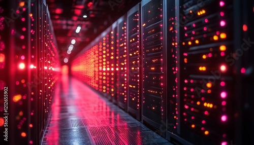 rows of modern servers with glowing indicators and holographic interfaces for monitoring system health  Big Data Storage Facility