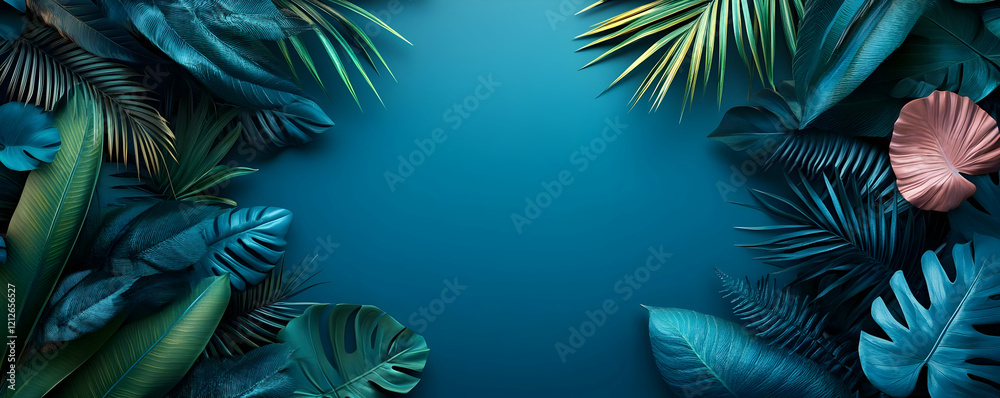 Naklejka premium Teal Tropical Leaves Border Background