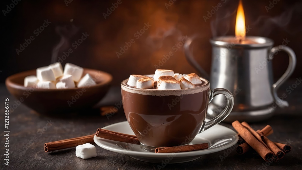 A cozy scene featuring hot chocolate topped with marshmallows, accompanied by cinnamon sticks. A cozy scene featuring hot chocolate topped with marshmallows, accompanied by cinnamon sticks.