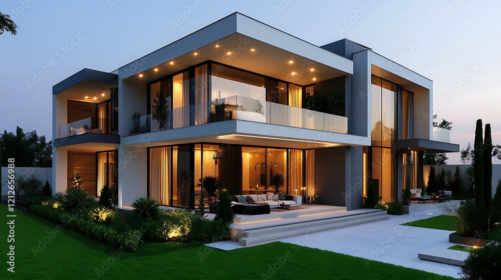 Fototapeta premium Glass Exterior Villa with Flat Roof and Lush Green Front Yard