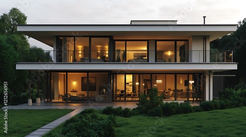 Glass Exterior Villa with Flat Roof and Lush Green Front Yard