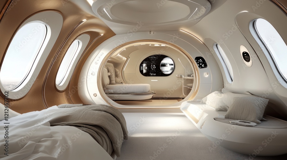 Luxurious Spaceship Cabin Interior Design Featuring a Bed and Sofa Luxurious Spaceship Cabin Interior Design Featuring a Bed and Sofa