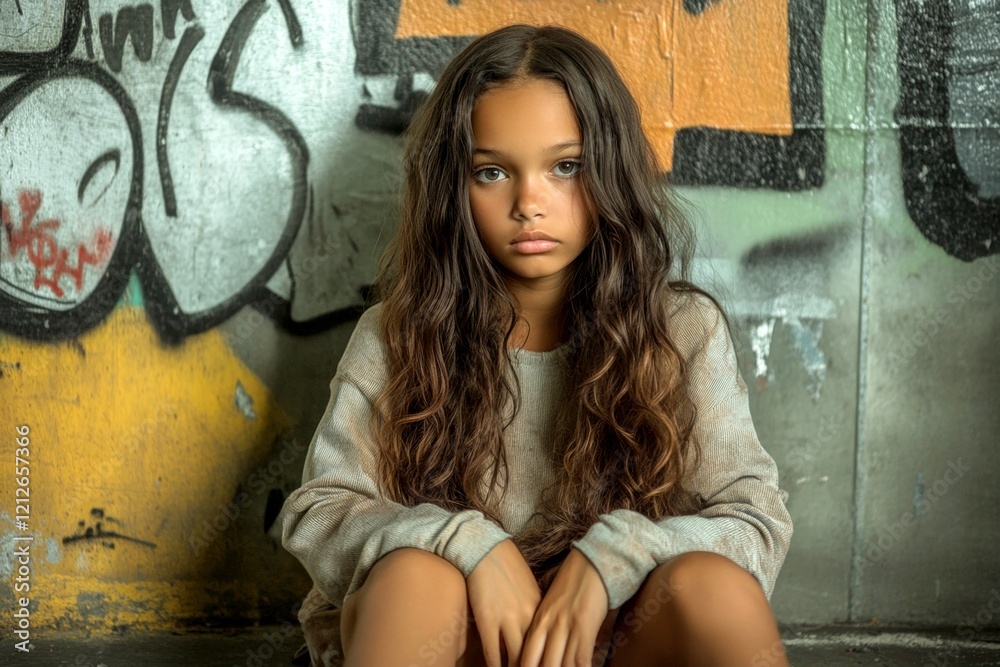 Naklejka premium Stunning calm mixed-race girl - for ads, poster and social networks promotion use. Commercial promotion visual idea. Long haircut - beach waves hair. African elegance trends advertising.