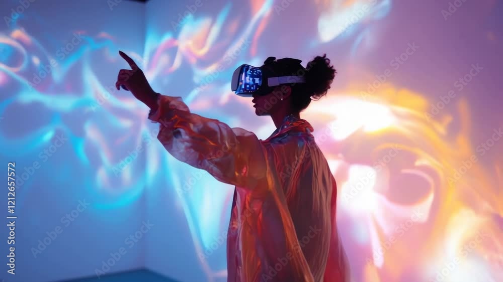 Woman Explores Colorful Virtual Reality in Immersive 3D Experience