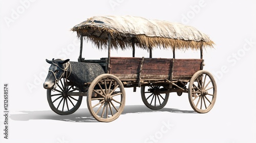 A traditional wooden bullock cart with a thatched roof, showcasing rustic charm and agricultural heritage. photo