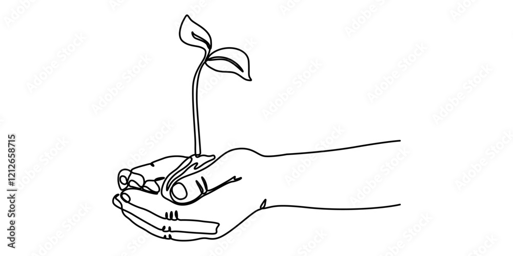 Obraz premium Hand hold leaves branch continuous line drawing. Plant in human arm one line art. Vector illustration isolated on white, Sprout in Hands Continuous Line Icon, Single continuous line of hands holding.