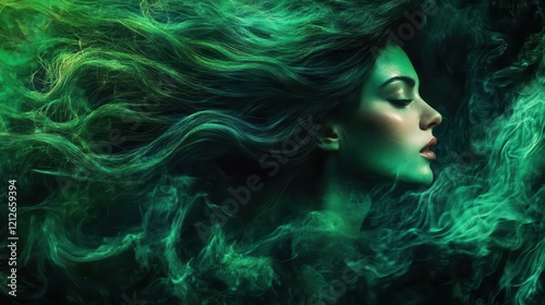 fierce female portrait with iridescent serpentine locks writhing in ethereal motion emerald scales gleaming against dark stormy background photo